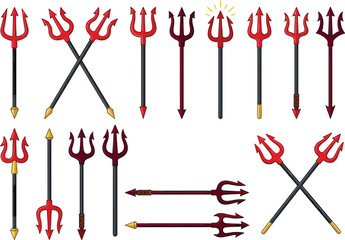 Devil trident vector set featuring red and maroon pitchfork weapons for halloween evil demon and neptune mythology graphic design © MST