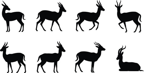 Set of black silhouettes of gazelle antelopes standing and sitting in different poses © Milon Store