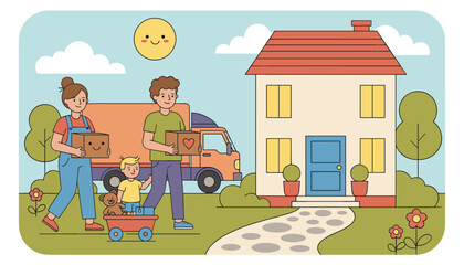 Fototapeta premium Happy young family moving into their new suburban house carrying cardboard boxes with a delivery truck in the background.