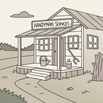 Handyman services shop with tools and watering can on porch handyman services watering building maintenance improvement construction workshop business equipment repairman craftsman