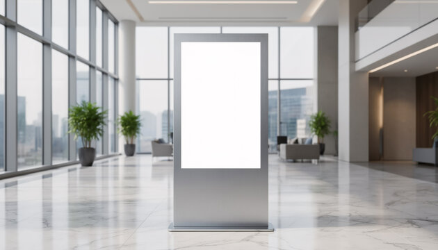 Blank white vertical digital screen mockup standing in the middle of a modern bright corporate office building lobby with reflective marble floor and large windows