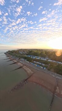 9:16 Vertical 4K Drone Aerial: Old Felixstowe Seafront and Shingle Beach at Sunset
