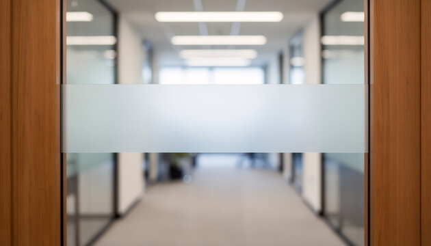Frosted glass door with a blank clear stripe for logo mockup leading into a bright modern corporate office hallway corridor with blurred lights and empty copy space