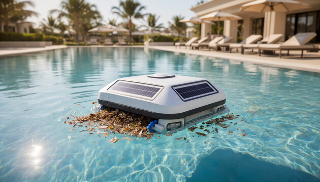 Automatic robotic pool cleaner with a solar panel floating on clear blue water surface collecting autumn leaves inside a luxury outdoor resort swimming pool on a sunny day