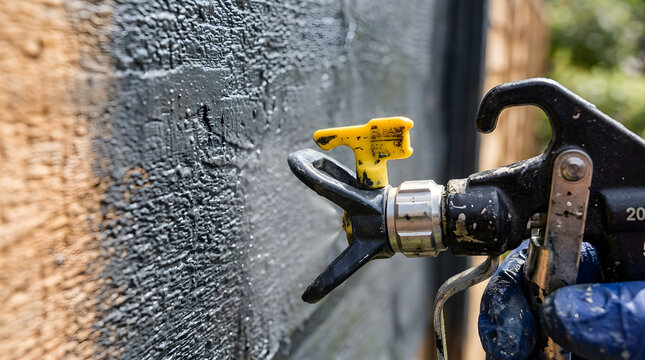 professional airless paint sprayer fence staining|diy home garden fence painting project|applying dark grey protective wood coating|outdoor wood maintenance and renovation tips