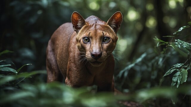 A majestic brown fossa stares intensely while standing inside the lush green tropical rainforest environment