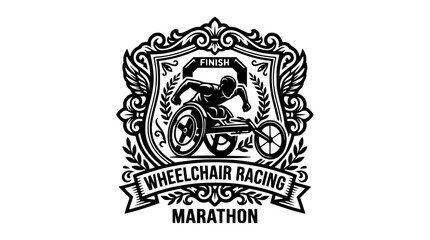 Obraz premium Ornate circular emblem for wheelchair racing marathon.