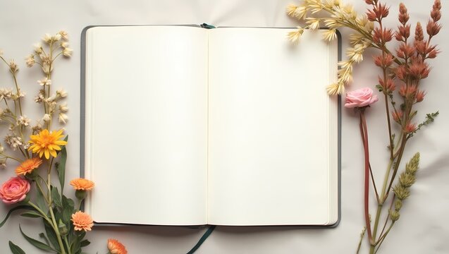 Blank open notebook mockup with dried flowers in the corner on light background