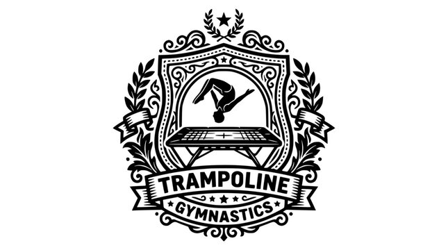 Trampoline gymnastics emblem with jumping athlete.