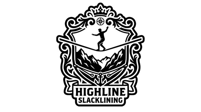 Highline Slacklining emblem with tightrope walker between mountain peaks.