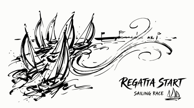 Hand drawn regatta sailing race sketch with yachts.