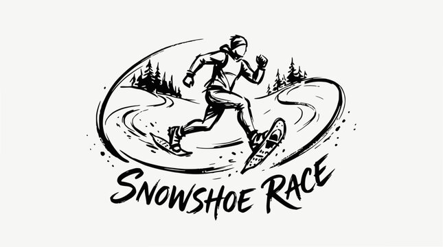 Vintage snowshoe race logo with runner in winter landscape.