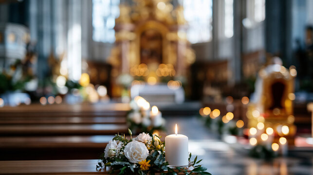 A wide shot of a decorated apse and a ceremonial chair glowing softly in a calm grand place of worship decorated apse faceless scene softly defocused backdrop dim interior