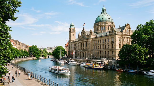 Historic government building with green domes and clock tower by river, boats and pedestrians isolated on transparent background