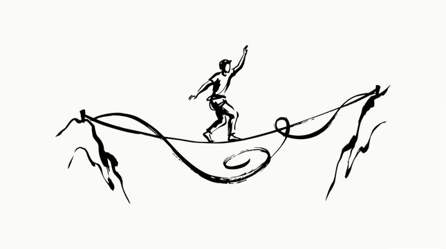 Minimalist ink sketch of slackliner balancing between rocky peaks.
