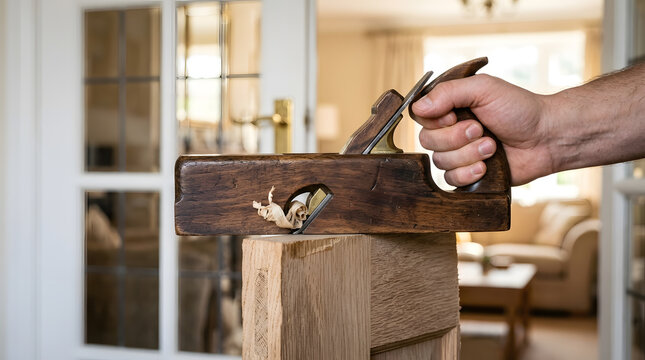 Hand planing wooden door slab | Traditional woodworking hand tools | Vintage wood plane in use | Carpentry home renovation project