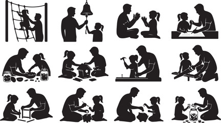 Fototapeta premium Father and daughter silhouettes engaged in various activities like playing, learning, and crafting together isolated on white background, Vector