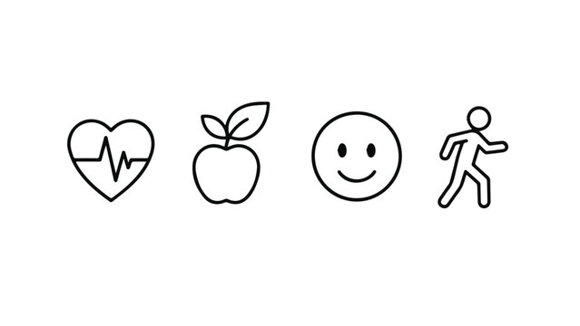 Health and Wellness Icons Including Heart Apple Smile and Running Person.