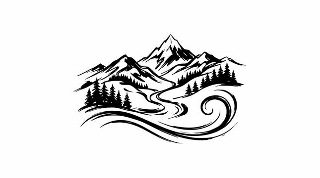 Scenic mountain landscape with river and pine forest.