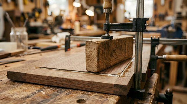 Woodworking cabinet door assembly with clamps | Professional furniture making process in workshop | Close up of wooden caul board pressing veneer | Carpentry tools and techniques for wood joining