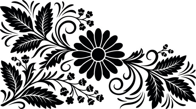 Floral decorative corner flourish with a blooming daisy and ornate leaves flourish decorative botanical silhouette illustration ornament stylized isolated decoration blooming scrolling
