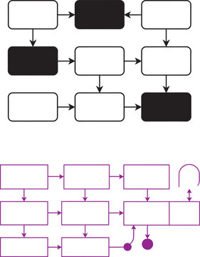 Blank flowchart diagram templates with rectangular nodes and directional arrows for business process mapping and workflow design vector
