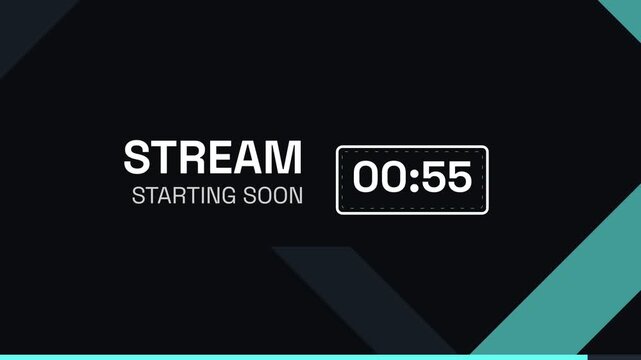 Live broadcast starting soon screen featuring moving teal chevron shapes and a sixty second digital timer on black background.