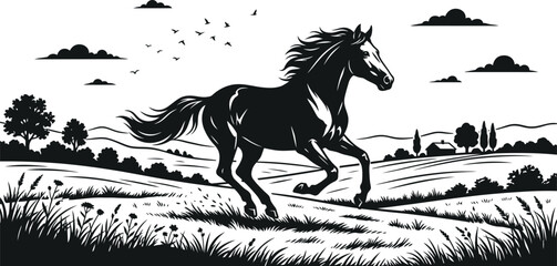 Black and white illustration of horse running freely in grassy field with flowing mane and tail, natural landscape, hills, trees, birds, dynamic motion, energy, freedom © Fatema