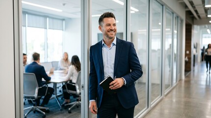 Fototapeta premium Confident smiling businessman leaning on glass door in modern corporate office corridor, male entrepreneur holding notepad, successful leadership concept, young professional executive