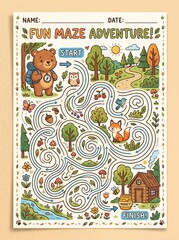Fototapeta premium cute animal character navigating through a fun maze, educational printable activity page