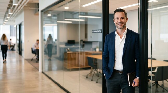 Portrait of smiling successful businessman standing near meeting conference room. Confident male executive entrepreneur manager holding notebook working corporate career in modern office.