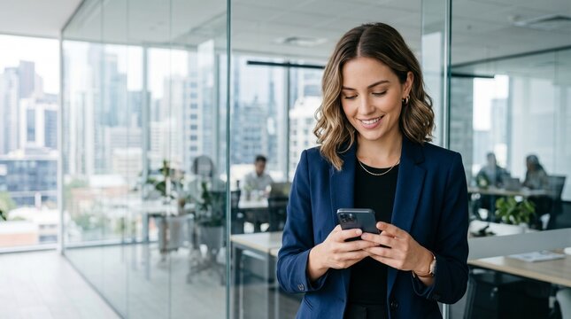 Smiling young businesswoman texting on smartphone in glass office interior. Happy professional female entrepreneur using mobile app for corporate communication, checking online market data.