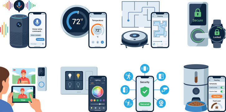 Smart home automation internet of things iot devices and mobile application control system vector illustration set
