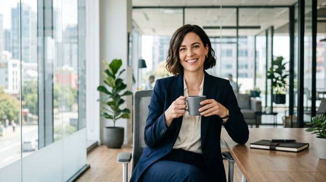 Confident female professional holding coffee mug sitting at workspace desk in skyscraper office. Corporate businesswoman career success female leadership financial consultant agent portrait