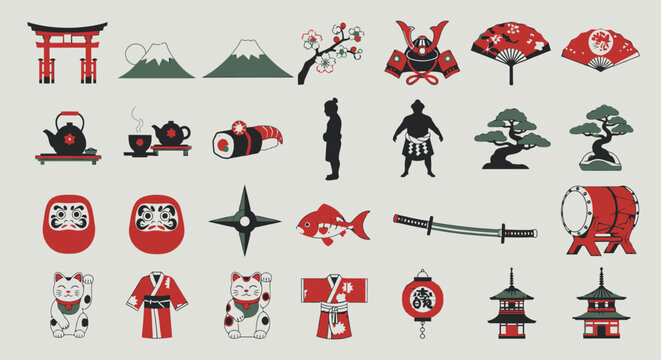Japanese culture symbols and icons set