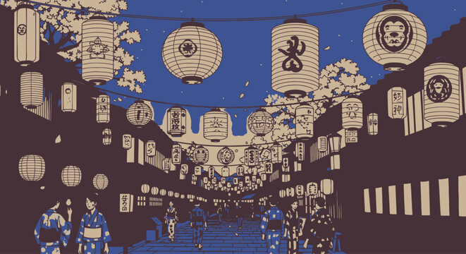 Vibrant Japanese Street Scene with Lanterns and Cherry Blossoms