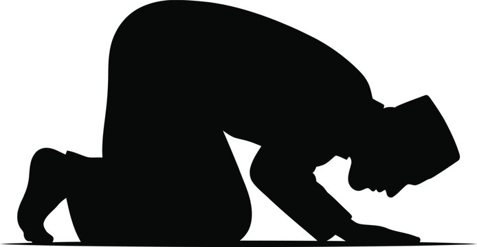 Black silhouette of person in sujood prayer position on plain white background, Islamic worship, humility, devotion, spirituality, religion, faith, cultural tradition illustration