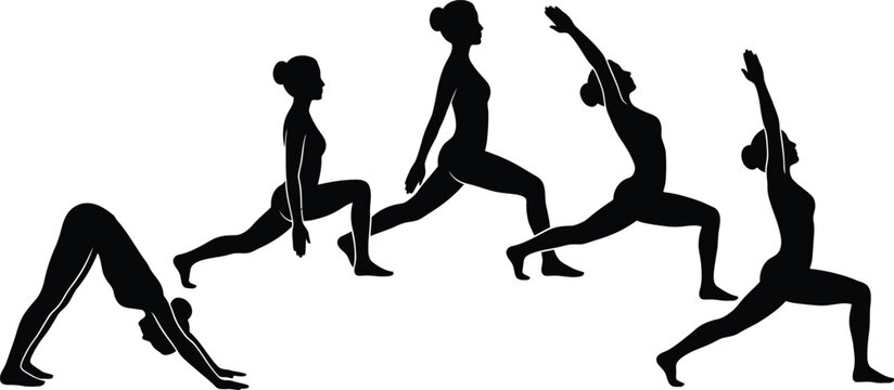 Black silhouette sequence of yoga poses showing downward dog, lunges, and warrior stance, highlighting balance, flexibility, strength, and mindful flow in sports illustration.
