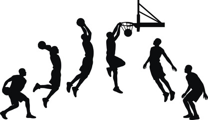Dynamic black silhouette sequence of basketball player performing powerful slam dunk action with ball and hoop, showcasing athletic jump, motion, energy, and sports performance illustration. © Fatema