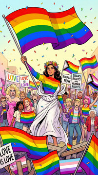 LGBTQ+ pride parade illustration featuring a diverse crowd with rainbow flags, protest signs for equality and trans rights, and a central woman leading the march.