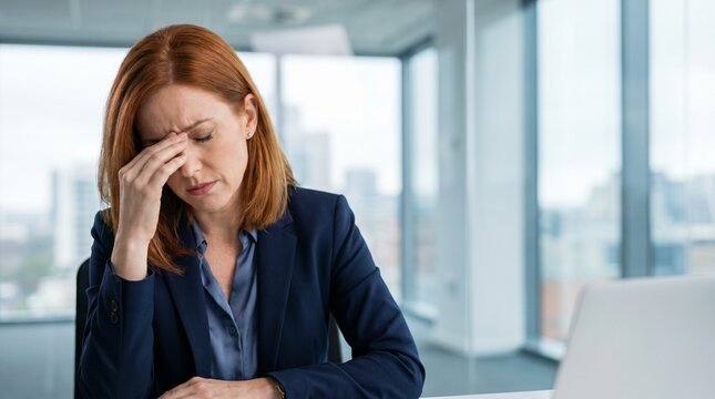 Stressed exhausted businesswoman suffering from headache or migraine headache while working at office computer desk