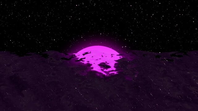 Neon purple sun rising over dark alien landscape at night a surreal