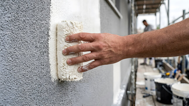professional painter applying textured masonry paint | hand using roller on exterior wall renovation | house facade painting with decorative plaster | construction worker texturing gray wall surface