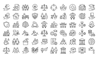 Fototapeta premium Social Policy Thin Line Icon Set for Community Welfare and Public Services