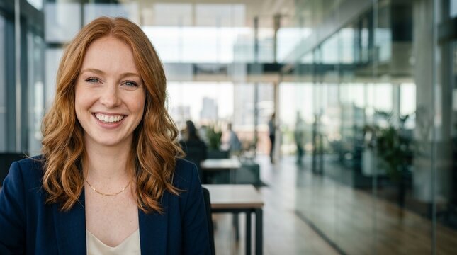 Professional businesswoman smiling in bright modern office, corporate portrait, successful female executive, happy office environment, leadership and business success concept, career growth.
