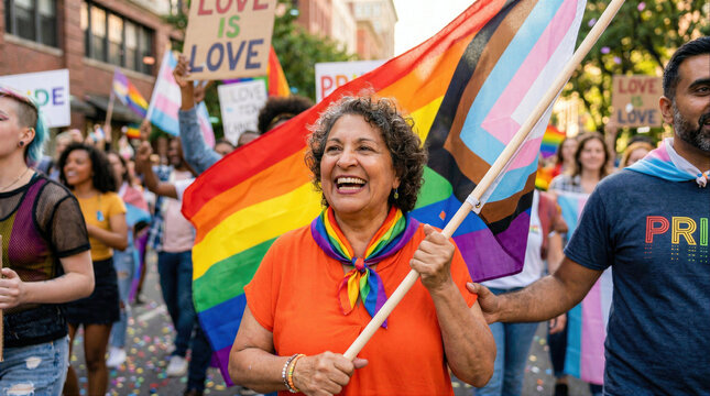 Happy senior woman holding progress pride flag during colorful outdoor LGBTQ+ parade event.