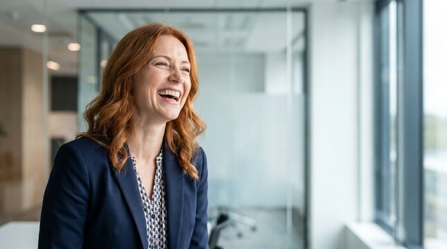 Cheerful businesswoman with red hair laughing in bright modern office, successful female leader for business marketing and professional corporate lifestyle concepts