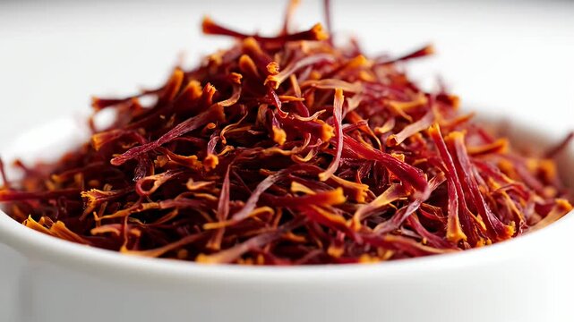 Dried saffron threads in white ceramic bowl