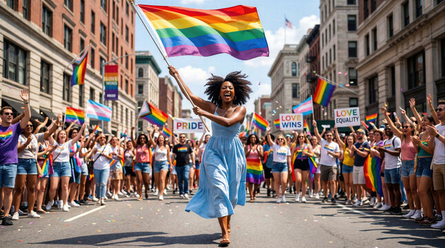 Joyful woman waving large rainbow flag at vibrant pride parade with diverse crowd in city street celebration.