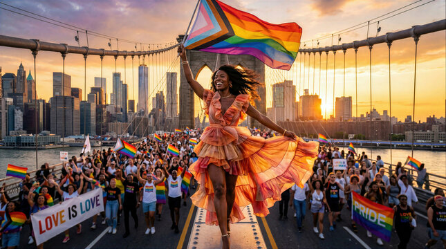 Black woman holding Progress Pride flag during sunset parade on Brooklyn Bridge with NYC skyline backdrop